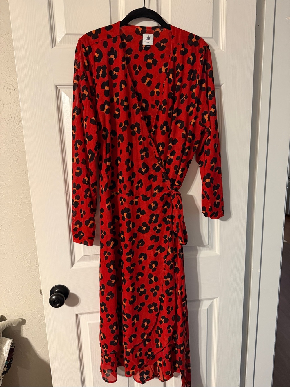 CAbi Red and Black Leopard Wrap Midi Dress